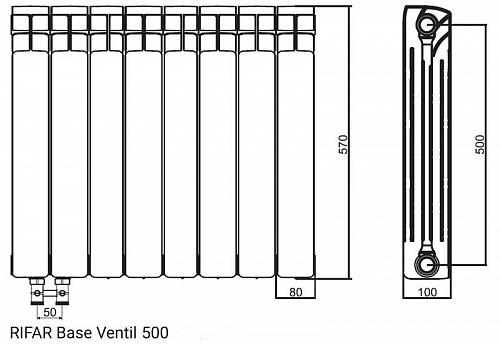 Rifar Base Ventil 500 12 секции биметаллический радиатор с нижним правым подключением