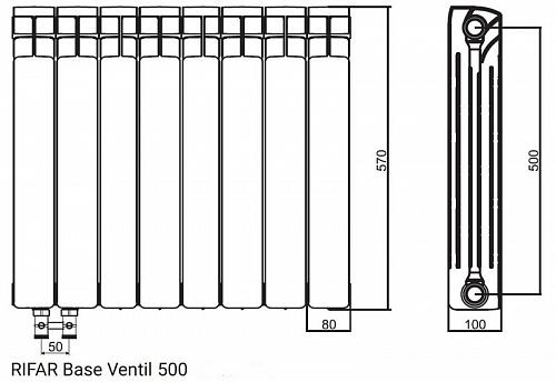 Rifar Base Ventil 500 20 секции биметаллический радиатор с нижним правым подключением