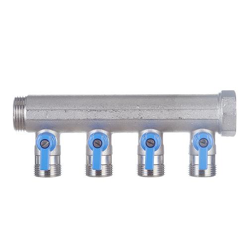 Henco Коллектор 1" с синими шаровыми кранами, 3/4"НР под евроконус, 1" - 4xEK14,16,18,20